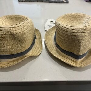 Stylish Tan Fedora Hat with Blue and Cream Band